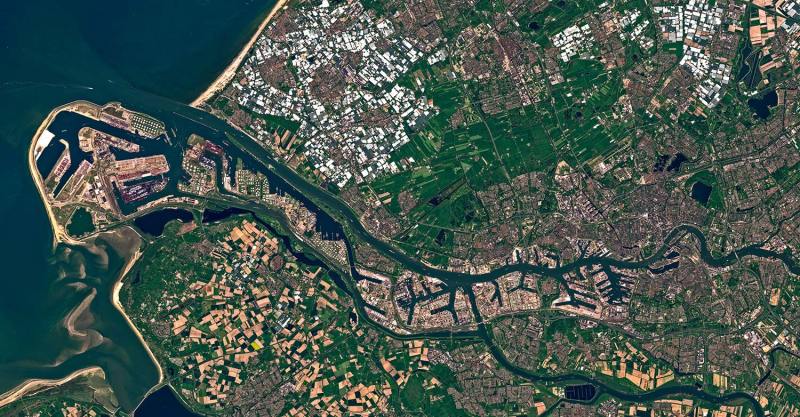 Satellite image of the port of Rotterdam, Netherlands. Contains Satellite image of the port of Rotterdam, Netherlands. Contains
