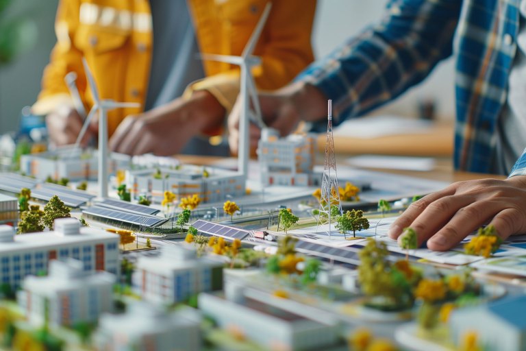 Engineers-designing-models-of-a-clean-energy-city-planning-project-with-building-models